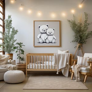 Black and White Teddy Bear Nursery Wall Art – Cute Minimalist Bear Print for Baby Room Decor, Modern Neutral Kids Bedroom Artwork, Unframed