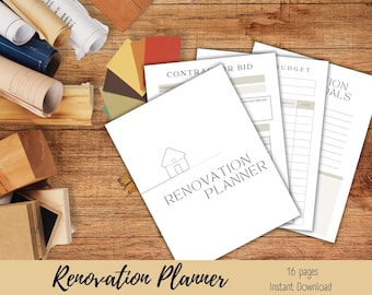 May include: A printable renovation planner with 16 pages. The planner includes sections for contractor bids, budget, and renovation goals. The cover features a simple house icon with a heart.
