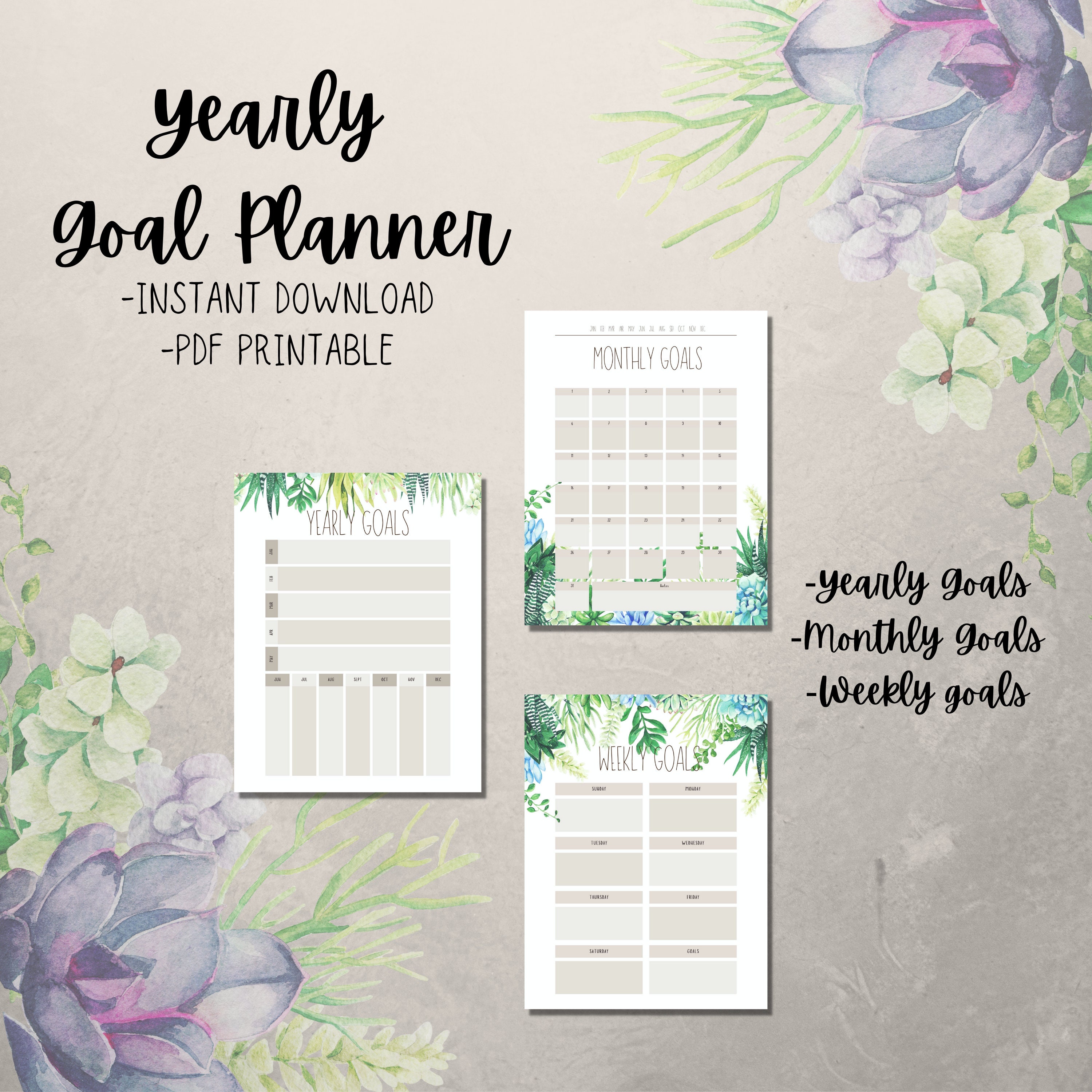 goal planner printables goals tracker yearly goal monthly etsy