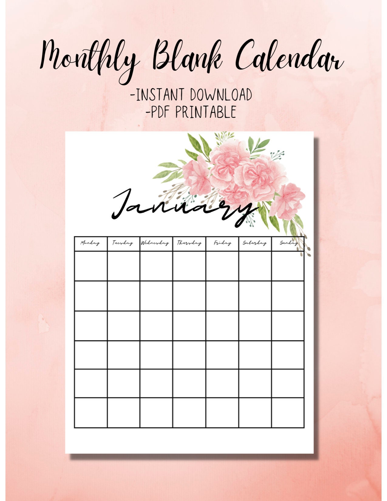 Monthly Floral Blank Calendar Vertical Printable PDF Pages Etsy España