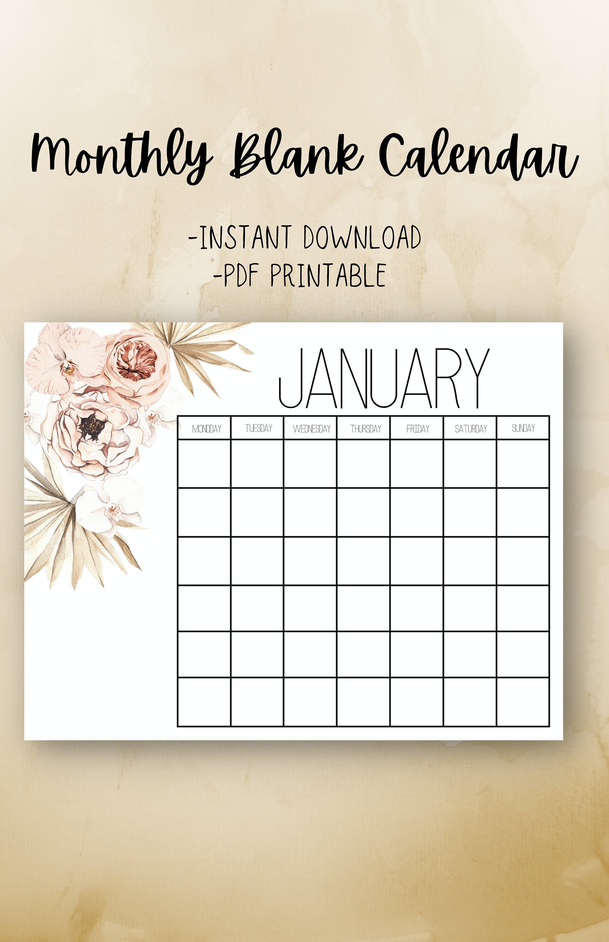 Monthly Boho Botanical Calendar Blank Calendar Horizontal Etsy