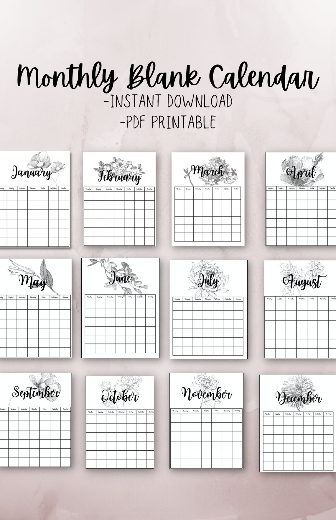 Monthly Botanical Blank Calendar Vertical Printable Planner - Etsy UK