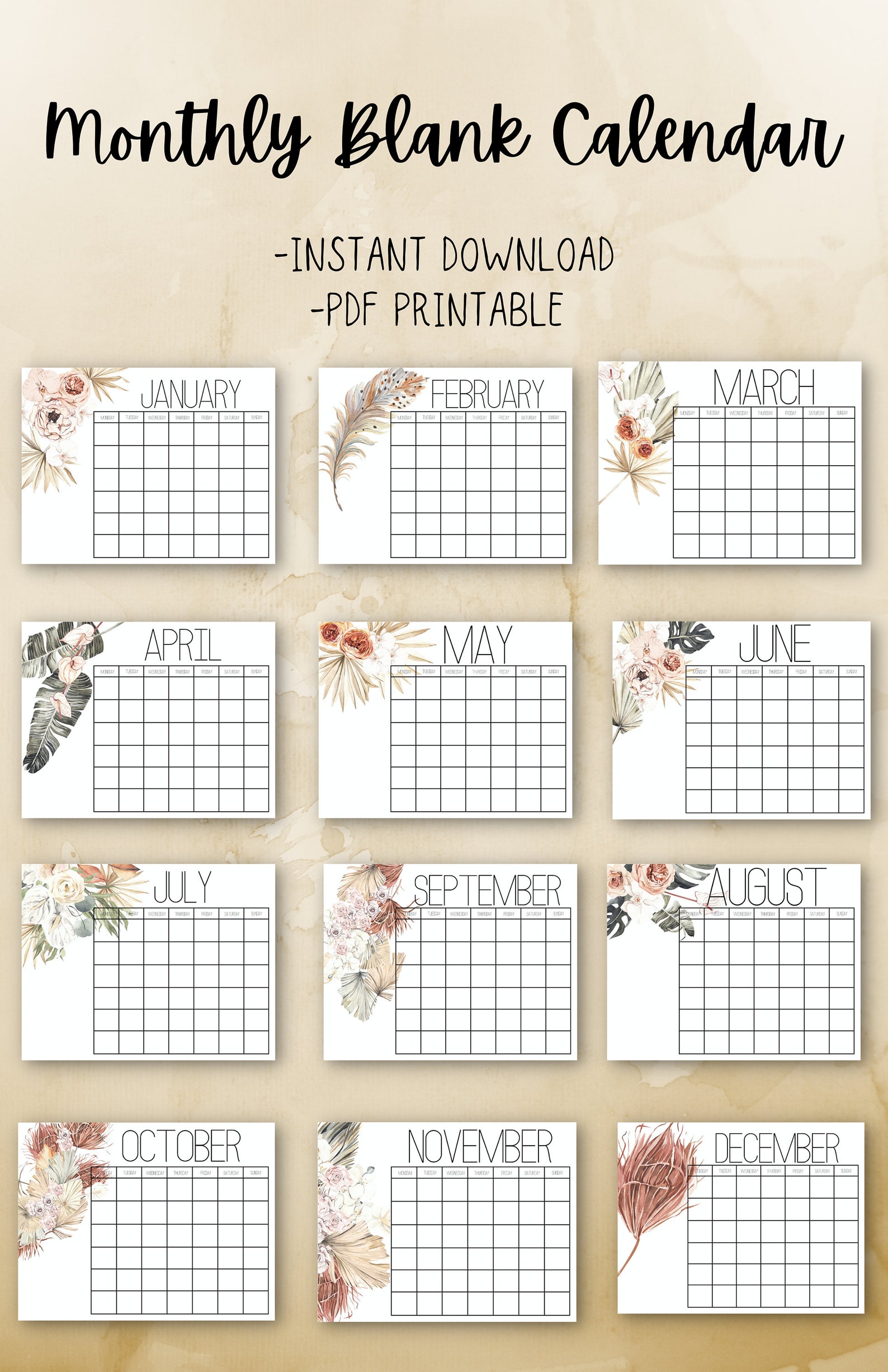 Monthly Boho Botanical Calendar Blank Calendar Horizontal - Etsy