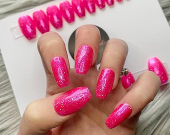 FULL SET OF 20 False Nails | Pink Glitter Nails | Sparkly Barbie Nails
