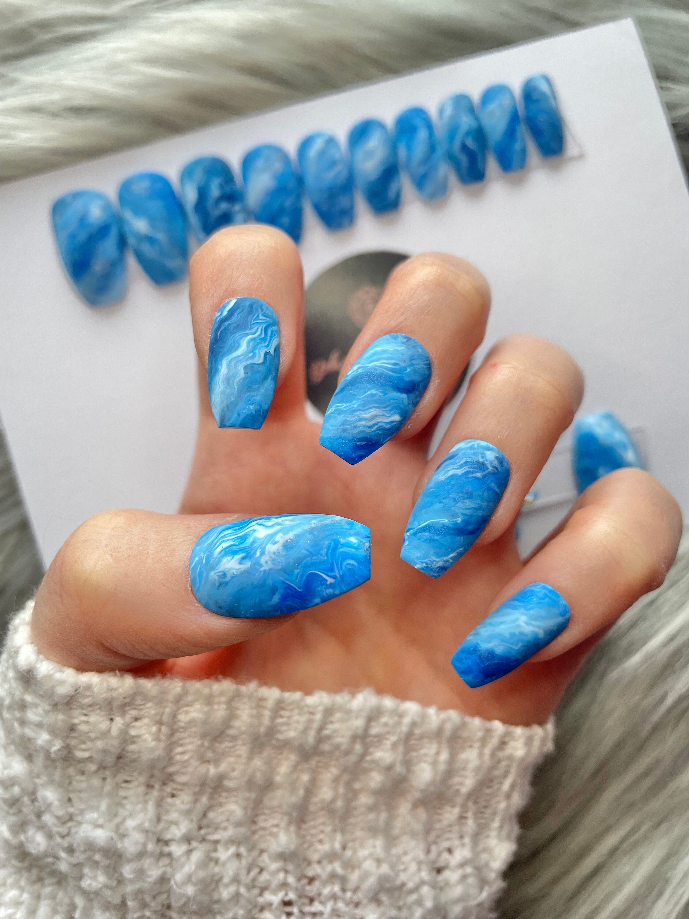 FULL SET OF 20 False Nails Matte Blue Marble Nails Hand Etsy