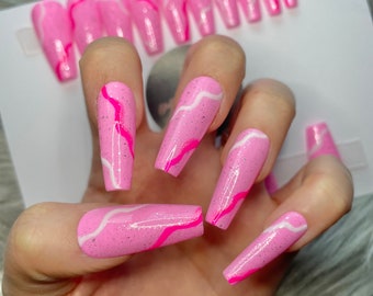 FULL SET OF 20 False Nails | Barbie Theme | Pastel Pink Nails with Glitter | Pink and White Swirls | Long Coffin Shaped