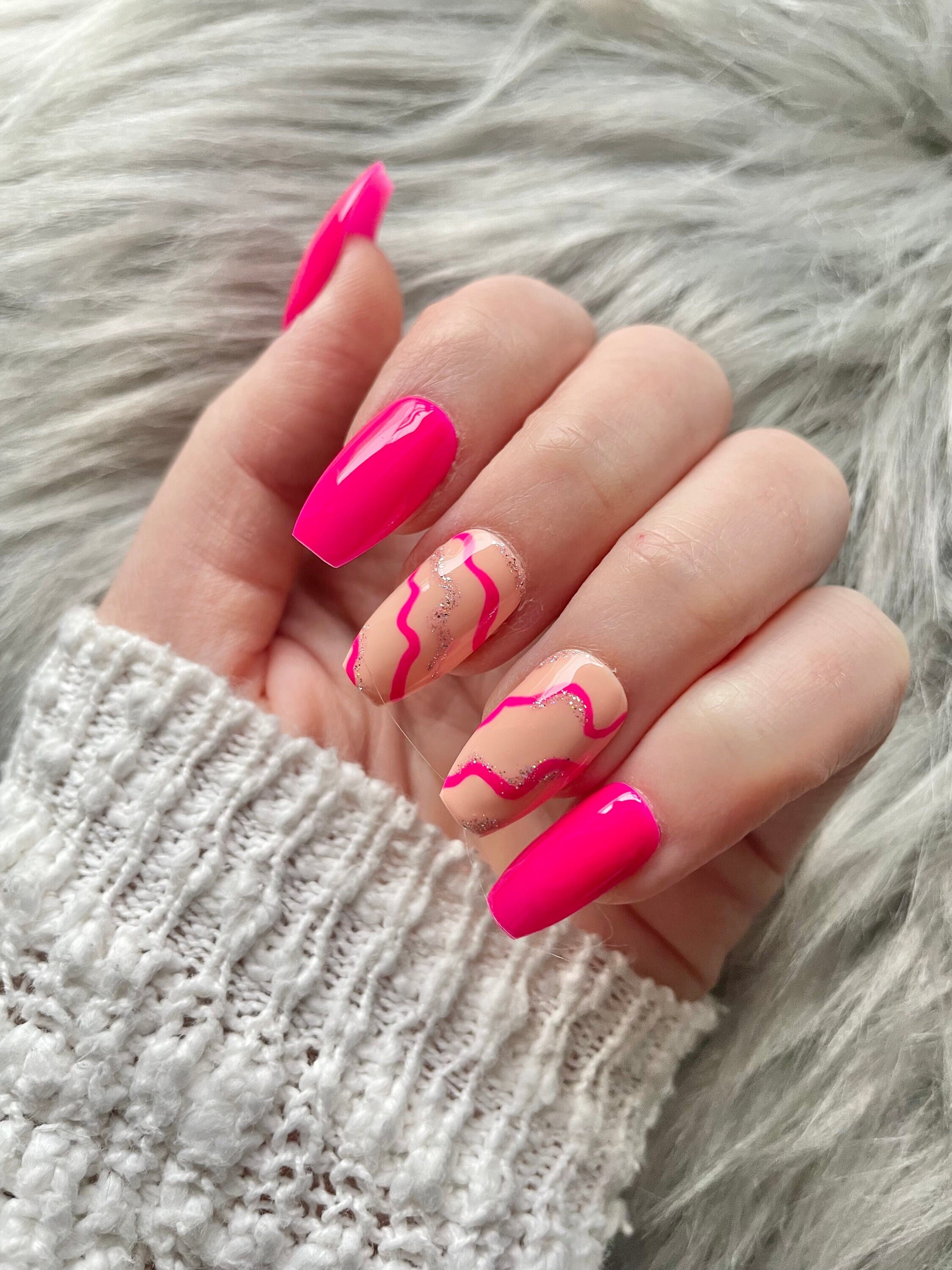 Full Set Of Swirl False Nails Short Coffin Neon Pink Etsy
