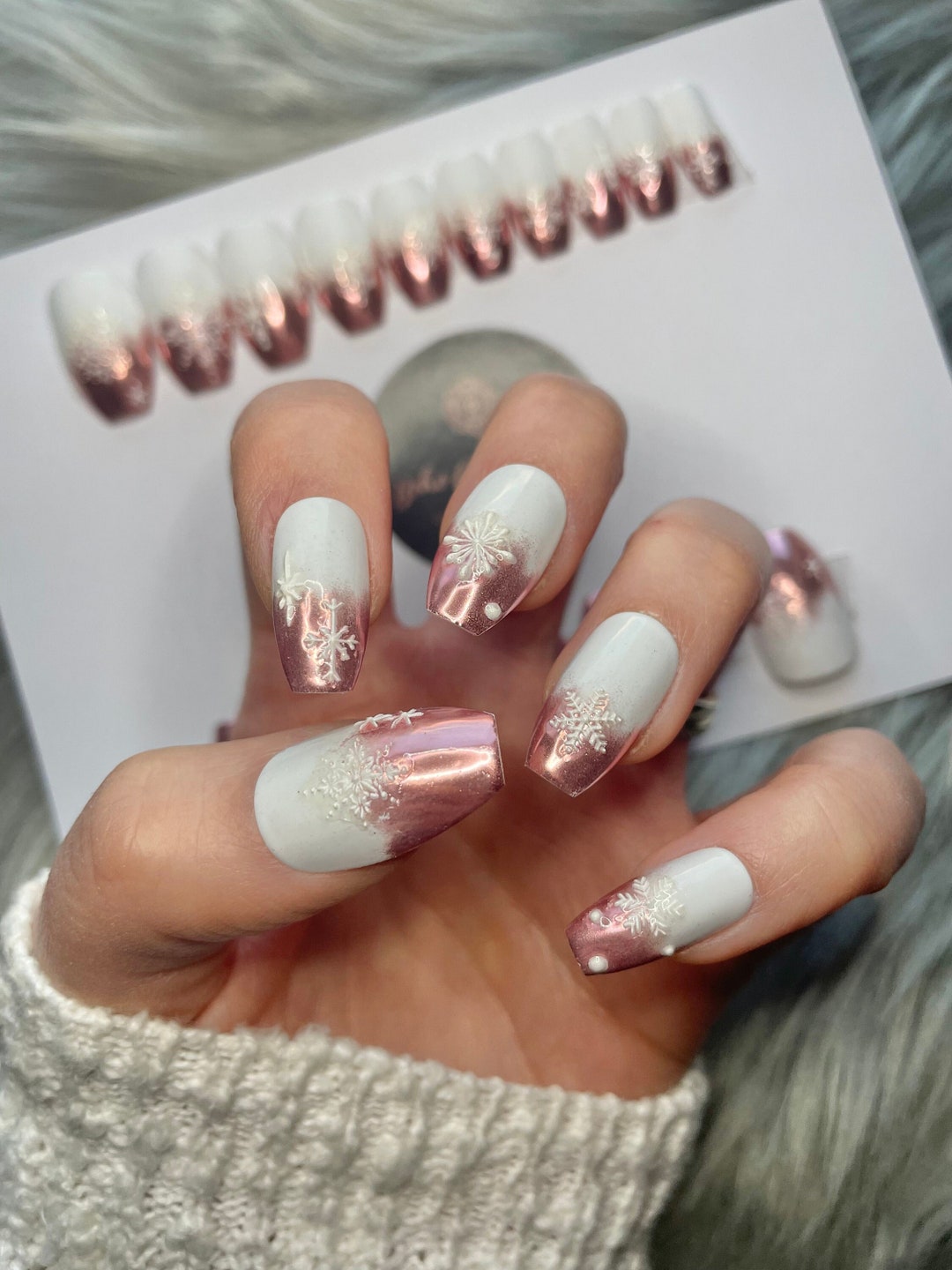 FULL SET OF 20 False Nails Rose Gold and White Chrome Mirror Effect