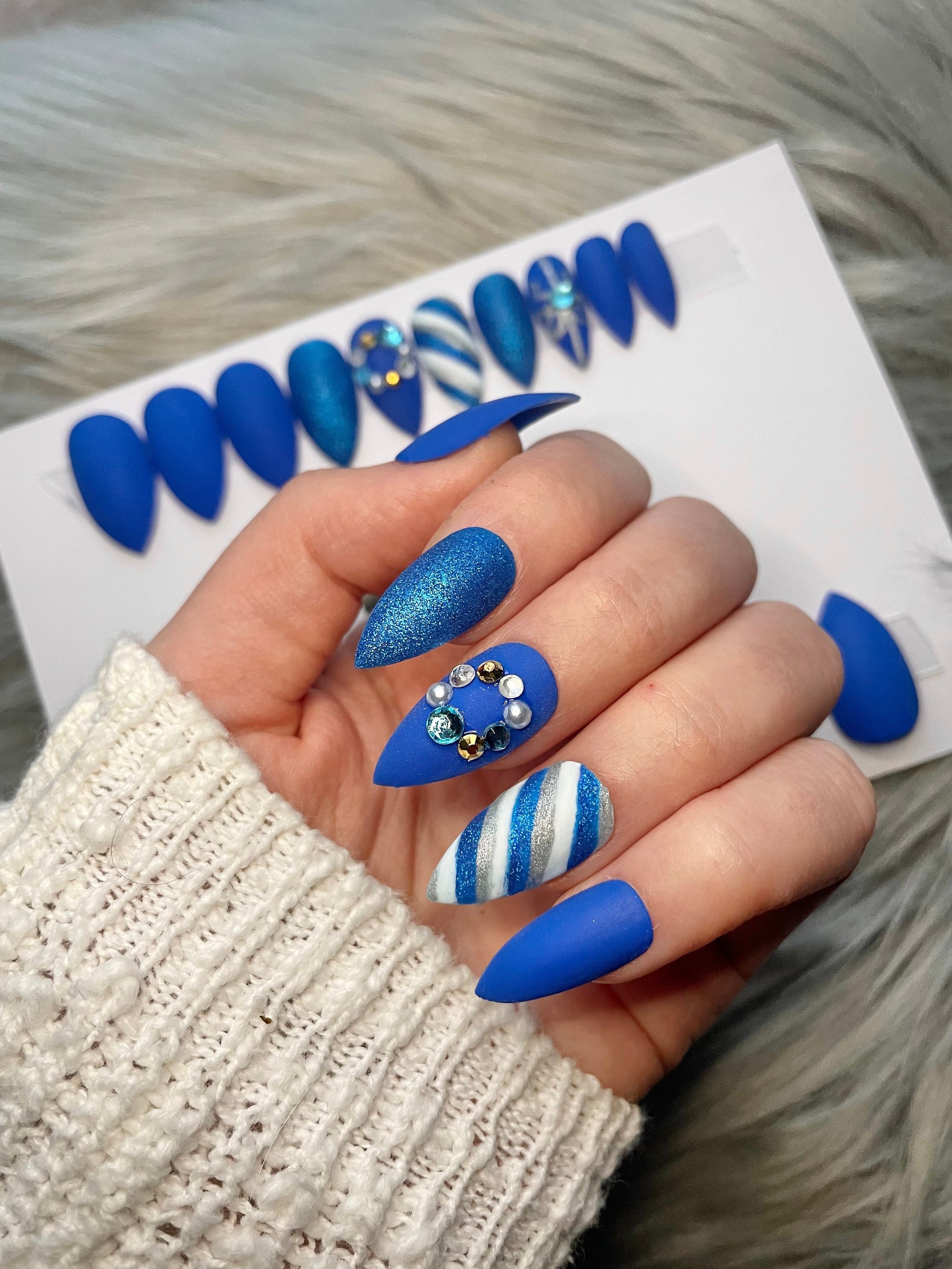 Full SET OF 20 Xmas Nails Medium Stiletto Blue Matte - Etsy
