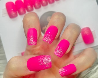 FULL SET OF 20 False Nails | Barbie Theme | Neon Hot Pink Nails | Matte Nails | Glitter Tips | Cute Summer Nails