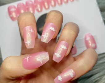 FULL SET of 20 False Nails | Pink Pearl Iridescent Unicorn Nails | Cute Glossy Nails | Including FREE Unicorn Stickers | Perfect Gift