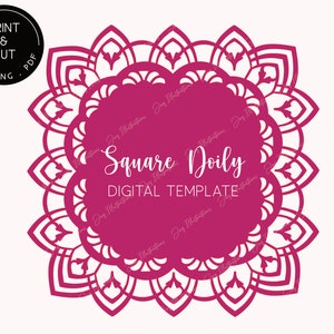 May include: A digital template for a square doily with a pink background and intricate white designs. The text "Square Doily DIGITAL TEMPLATE" is in the center of the design.