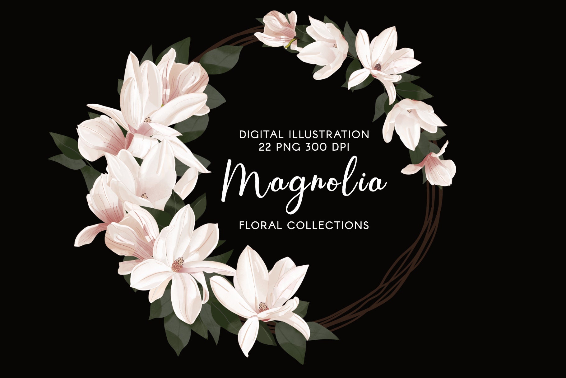 Magnolia Floral clipart bundle Flower and leaf clip art elements Bridal wreaths printable Wedding Invitation digital template Sticker label