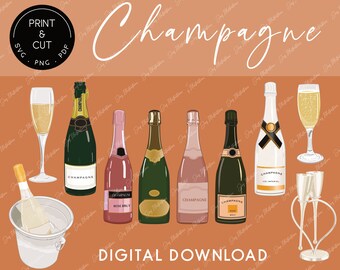 Champagne Bottles Printable Digital Template, Cliparts, New Year, Bachelorette, Birthday, Bridal Shower, SVG cut file for cutting machines