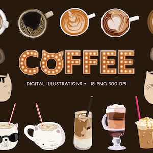 May include: A set of 18 digital illustrations of coffee mugs and drinks. The mugs feature a cat design and the text "COFFEE" is displayed in a vintage marquee style. The illustrations are perfect for creating coffee-themed designs, crafts, and projects.