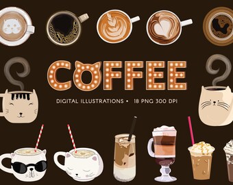 Coffee Clipart Bundle latte clip art sticker ice coffee digital download hot coffee lover PNG coffee theme party printable frappe  template