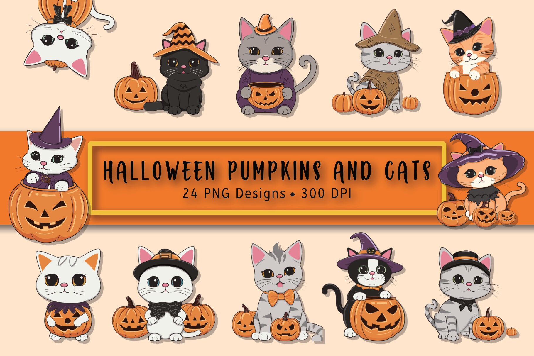 Cute Halloween cats and pumpkin clipart bundle Printable Digital Template