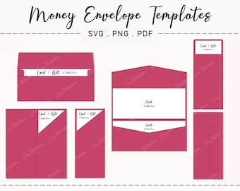 May include: Five different templates for money envelopes in a pink color. The envelopes are labeled "Card/Bill" and have a measurement of 2.75 inches by 3.75 inches.