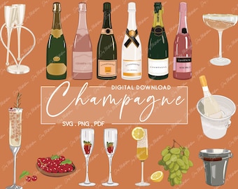 Champagne bottle clipart bundle Cocktail clip art sticker Bridal shower printable Bachelorette Party digital download Wedding PNG template
