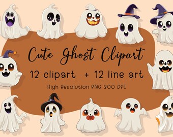 Cute ghost clipart bundle Little ghost clip art sticker Halloween party printable Trick or treat digital download Ghost line art template
