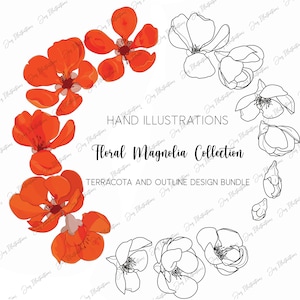 Magnolia Floral Illustrarion, Kranz Terrakota Vorlage, Outline Gold, Rosegold druckbarer digitaler Download