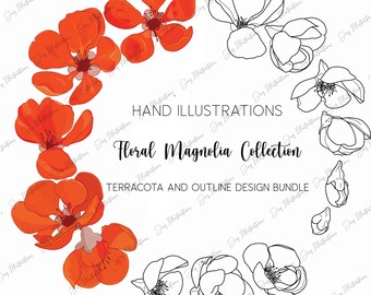 Magnolia Floral Illustrarion, Wreath Terracota Template, Outline Gold, Rosegold Printable Digital Download