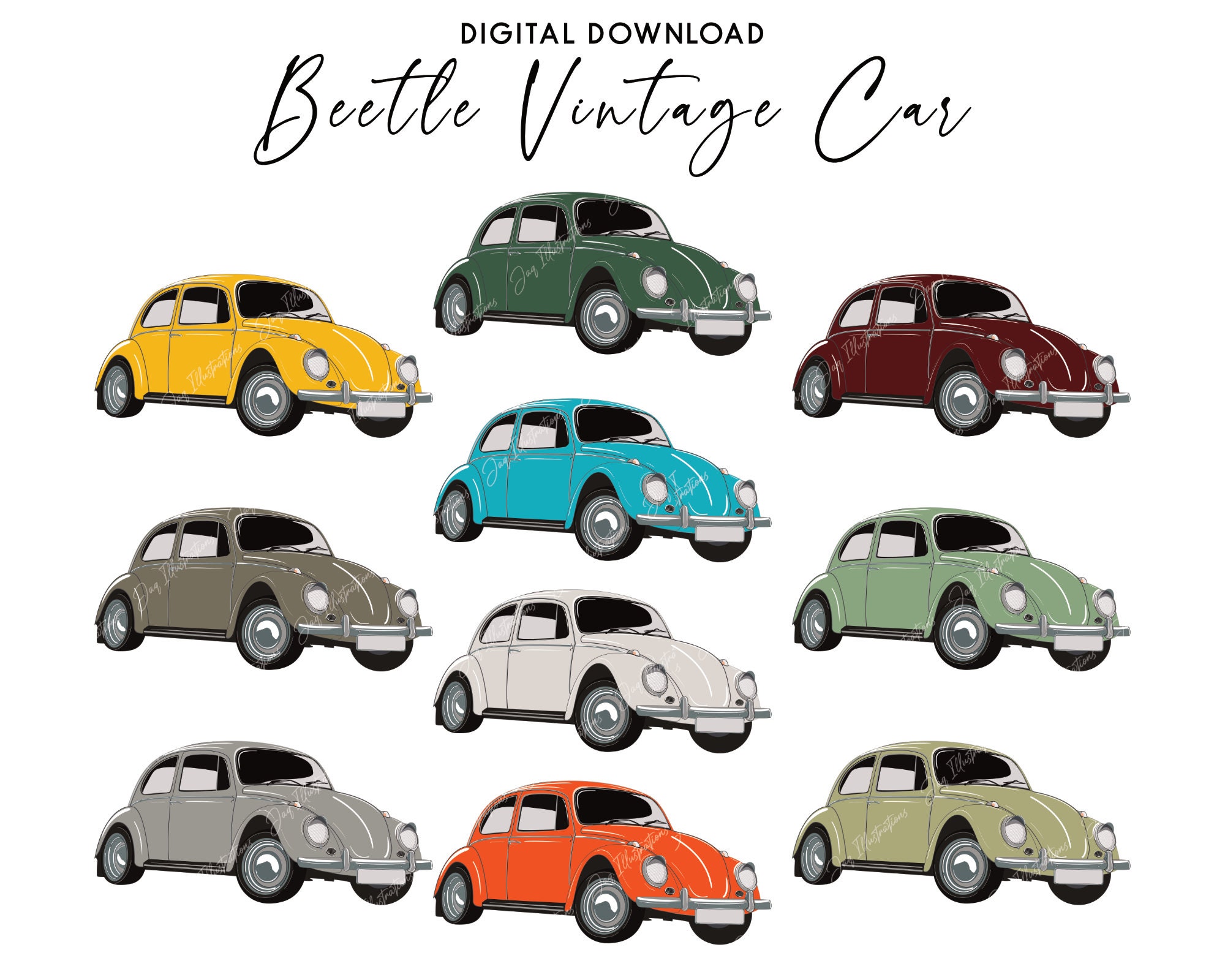 Beetle Vintage Car PNG Bundle, Printable Digital Template, Instant ...
