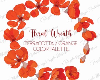 Terracotta Orange Magnolia Flower Template, Digital Wreath,  Clipart, PNG, Invitations, Cards, Wedding, Stickers, Craft, Print