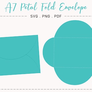 May include: A teal blue A7 petal fold envelope template. The template is shown unfolded and folded. The template is for digital download in SVG, PNG, and PDF formats.