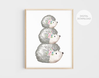 Baby Hedgehog With Flower Crown Wall Art - 8x12 Inch Framed Canvas, Blush Pink Nursery Decor