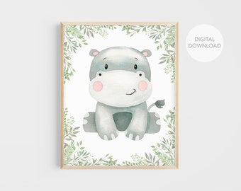 Hippo Nursery Wall Decor, Hippo Nursery Decor, Safari Animals Nursery, Hippo Art, Gender Neutral, Digital Download, Printable Wall Decor