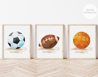 Vintage sportbarnrumskonst, sportbarnrumsdekor, barnrum för pojkar, fotboll, basketboll, fotboll, direkt nedladdning, utskrivbar väggkonst