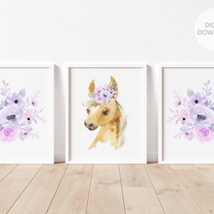 Horse Nursery Wall Decor, Boho Horse Nursery Art, Pink and Purple Floral Decor, Horse Nursery Art, Digital Download, Printable Wall Decor