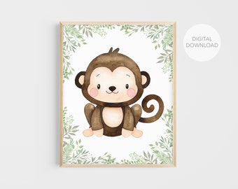 Monkey Nursery Wall Decor, Monkey Nursery Art, Animals Art Print, Monkey Wall Art, Gender Neutral, Digital Download, Printable Wall Decor