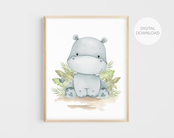 Hippo Nursery Wall Decor, Hippo Nursery Art, Safari Animals Nursery, Baby Boy Nursery Decor, Instant Download, Printable Wall Decor