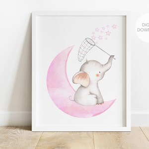 Elephant Nursery Wall Decor, Elephant Nursery Art, Baby Girl Nursery Art, Pink and Gray, Moon Stars, Digital Download, Printable Wall Decor