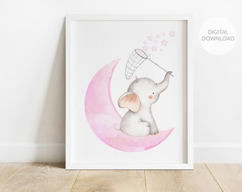 Elephant Nursery Wall Decor, Elephant Nursery Art, Baby Girl Nursery Art, Pink and Gray, Moon Stars, Digital Download, Printable Wall Decor