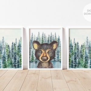 Bear Nursery Wall Decor, Forest Animals Wall Art, Baby Boy Woodland Nursery, Forest Trees Wall Decor, Instant Download, Printable Wall Decor
