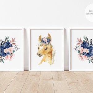 Horse Nursery Wall Decor, Boho Horse Nursery Art, Pink and Navy Floral Decor, Horse Nursery Art, Digital Download, Printable Wall Decor