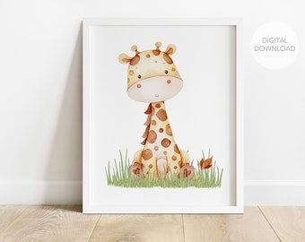 Giraffe Nursery Wall Decor, Giraffe Nursery Art, Gender Neutral Nursery, Safari Jungle Animals Decor, Digital Download, Printable Wall Decor