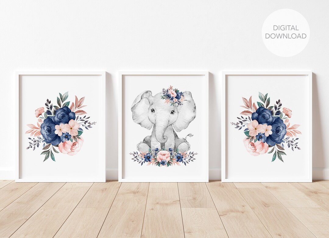 Elephant Nursery Wall Decor, Boho Elephant Nursery Art, Pink and Navy
