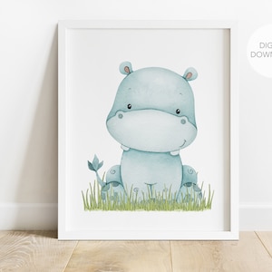 Hippo Nursery Wall Decor, Hippo Nursery Art, Gender Neutral Nursery, Safari Jungle Animals Decor, Digital Download, Printable Wall Decor