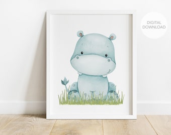Hippo Nursery Wall Decor, Hippo Nursery Art, Gender Neutral Nursery, Safari Jungle Animals Decor, Digital Download, Printable Wall Decor