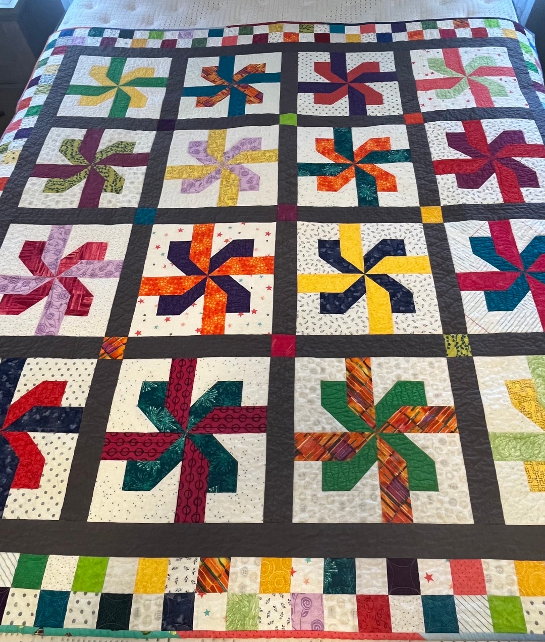 Colorful, Handmade THROW QUILT/ Lap Quilt / Beautiful, Bright Shades of