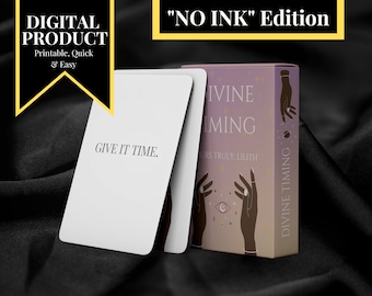 May include: A printable set of cards with a purple and pink gradient background. The cards feature a hand with an eye and stars, and the text "Divine Timing" and "Give it Time".