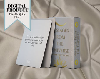 May include: A set of affirmation cards with a light blue background and gold accents. The cards feature messages from the universe and the text "Yours Truly, Lilith".
