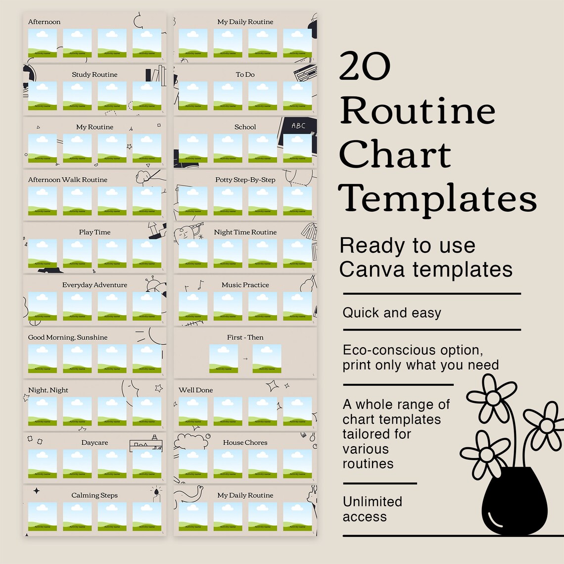 Canva Routine Chart Template 240 Custom Black and White - Etsy