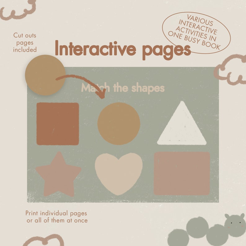 May include: A printable worksheet for kids to match shapes. The worksheet features a green background with various shapes in brown, pink, and white. The shapes include a circle, square, triangle, heart, and star. The text "Match the shapes" is written in brown on the worksheet.