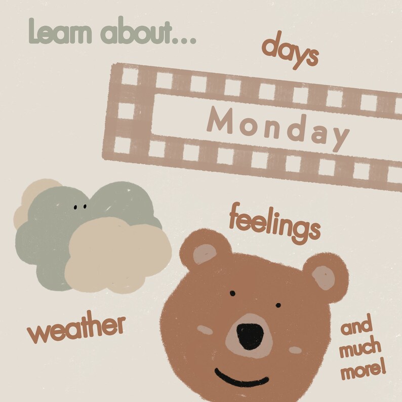 May include: A beige background with the text "Learn about..." and a film strip with the word "Monday" inside. Below the film strip is the word "days". There is a green and beige cloud with a face on it and the word "weather" below it. There is a brown bear with a face and the word "feelings" above it. The text "and much more" is in the bottom right corner.