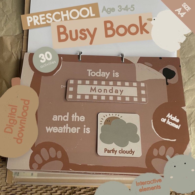 A colorful and interactive busy book for children, features educational activities designed to engage young learners.